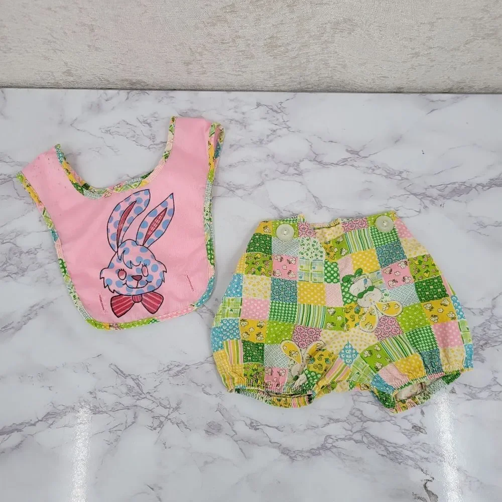 Vintage 70s Easter or Summer Romper with Bunny Rabbit Plaid Quirky OOAK